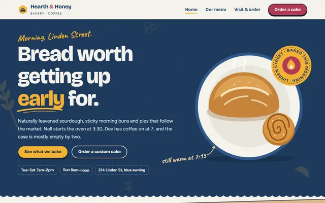 Homepage of Hearth & Honey Bakery, the Essentials example site