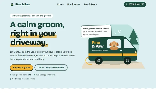 Homepage of Pine & Paw Mobile Grooming, the Starter example site