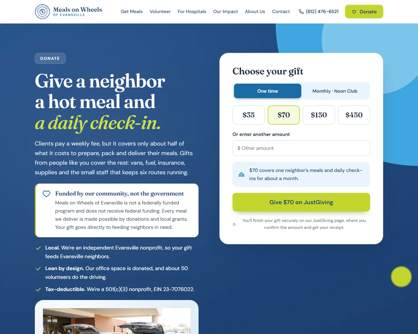 The Donate page: Give a neighbor a hot meal and a daily check-in, with a gift chooser for one time or monthly, preset amounts, and a Give $70 on JustGiving button.
