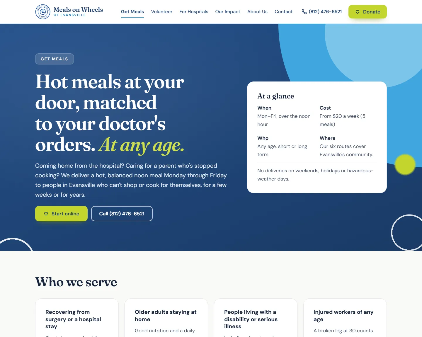 The Get Meals page: Hot meals at your door, matched to your doctor's orders, at any age, with an At a glance card listing when, cost, who and where.