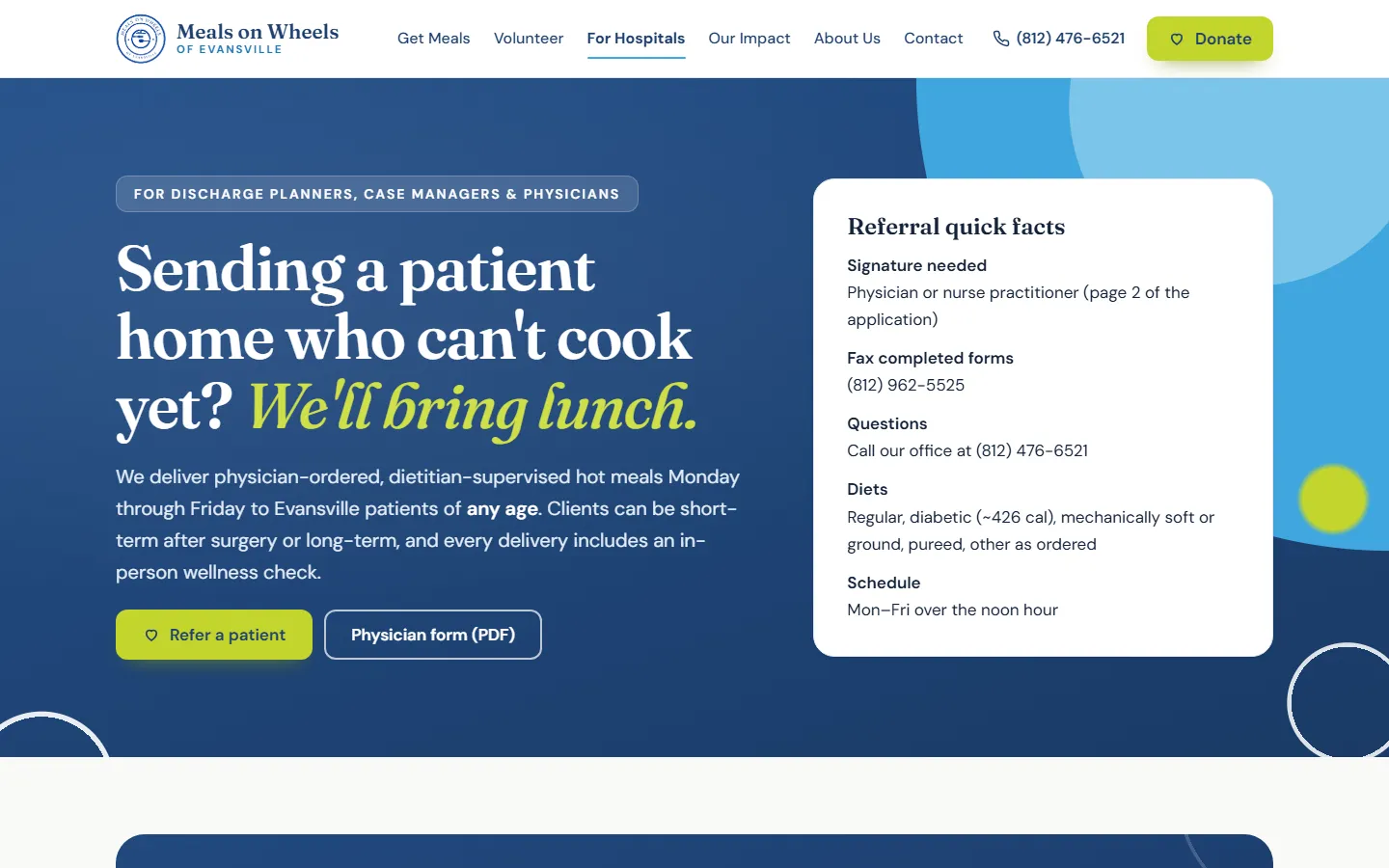 The For Hospitals page: Sending a patient home who can't cook yet? We'll bring lunch. A Referral quick facts card lists signature, fax number, diets and schedule.